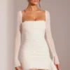 Ferrara Long Sleeve Embellished Cowl Neck Mini Dress in White