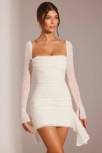 Ferrara Long Sleeve Embellished Cowl Neck Mini Dress in White