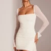 Ferrara Long Sleeve Embellished Cowl Neck Mini Dress in White