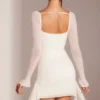 Ferrara Long Sleeve Embellished Cowl Neck Mini Dress in White