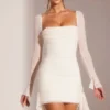 Ferrara Long Sleeve Embellished Cowl Neck Mini Dress in White