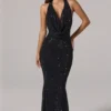Feyre Embellished Cowl-Neck Backless Gown in Black