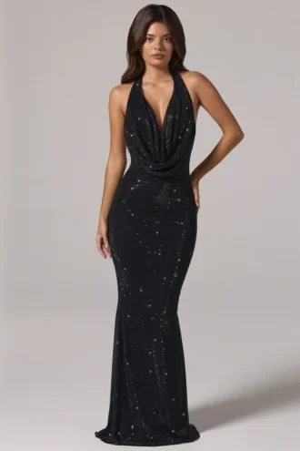 Feyre Embellished Cowl-Neck Backless Gown in Black