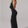 Feyre Embellished Cowl-Neck Backless Gown in Black