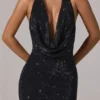 Feyre Embellished Cowl-Neck Backless Gown in Black