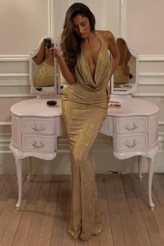 Feyre Embellished Cowl-Neck Backless Gown in Gold
