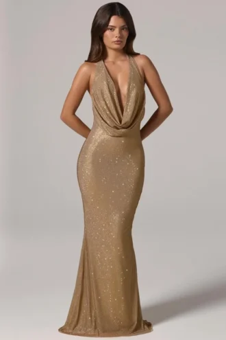 Feyre Embellished Cowl-Neck Backless Gown in Gold