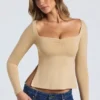 Fiora Modal Sweetheart-Neck Top in Sand