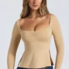 Fiora Modal Sweetheart-Neck Top in Sand
