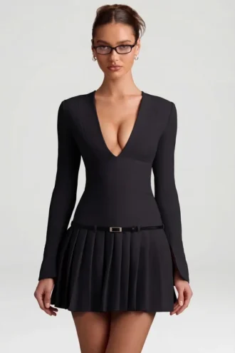 Fiorella Long-Sleeve Pleated Mini Dress in Black