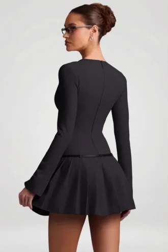 Fiorella Long-Sleeve Pleated Mini Dress in Black