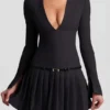 Fiorella Long-Sleeve Pleated Mini Dress in Black
