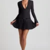 Fiorella Long-Sleeve Pleated Mini Dress in Black