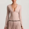 Fiorella Long-Sleeve Pleated Mini Dress in Mushroom