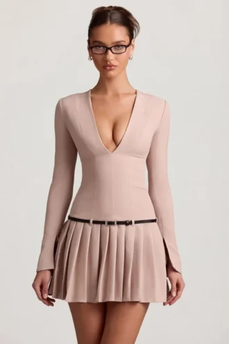 Fiorella Long-Sleeve Pleated Mini Dress in Mushroom
