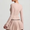 Fiorella Long-Sleeve Pleated Mini Dress in Mushroom