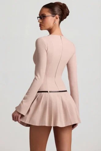 Fiorella Long-Sleeve Pleated Mini Dress in Mushroom