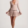 Fiorella Long-Sleeve Pleated Mini Dress in Mushroom