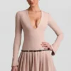 Fiorella Long-Sleeve Pleated Mini Dress in Mushroom