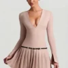 Fiorella Long-Sleeve Pleated Mini Dress in Mushroom