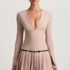 Fiorella Long-Sleeve Pleated Mini Dress in Mushroom