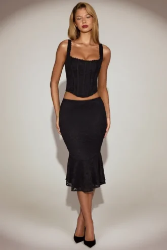 Fjolla Lace Mid-Rise Fluted Midi Skirt in Black
