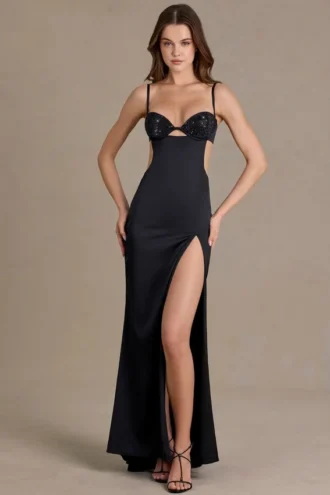 Fleurine Satin Embellished Bralette Gown in Black