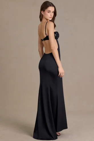 Fleurine Satin Embellished Bralette Gown in Black