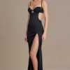Fleurine Satin Embellished Bralette Gown in Black