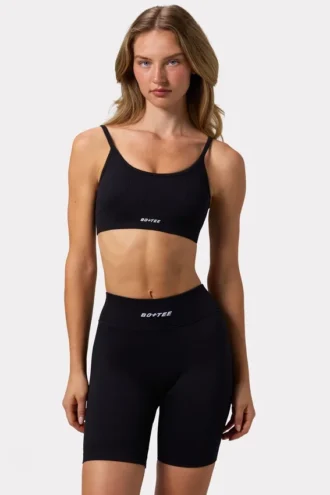 Scoop Neck Lace Up Back FlexiRib Sports Bra in Black