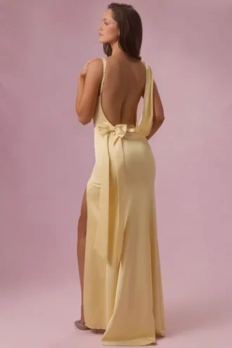 Florienne Satin Draped Bridesmaid Dress in Butter Yellow