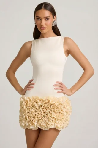 Florrie Satin Floral Appliqué Open-Back Mini Dress in Ivory
