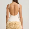 Florrie Satin Floral Appliqué Open-Back Mini Dress in Ivory