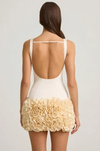Florrie Satin Floral Appliqué Open-Back Mini Dress in Ivory