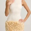 Florrie Satin Floral Appliqué Open-Back Mini Dress in Ivory