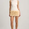 Florrie Satin Floral Appliqué Open-Back Mini Dress in Ivory