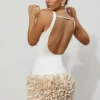 Florrie Satin Floral Appliqué Open-Back Mini Dress in Ivory