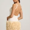 Florrie Satin Floral Appliqué Open-Back Mini Dress in Ivory