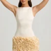 Florrie Satin Floral Appliqué Open-Back Mini Dress in Ivory