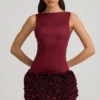 Florrie Satin Floral Appliqué Open-Back Mini Dress in Wine Red