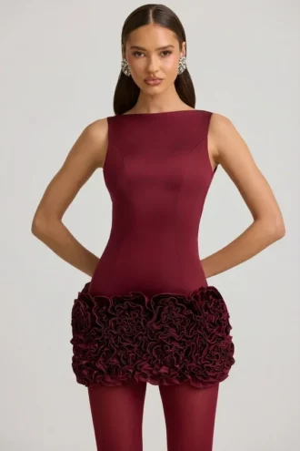 Florrie Satin Floral Appliqué Open-Back Mini Dress in Wine Red