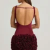 Florrie Satin Floral Appliqué Open-Back Mini Dress in Wine Red