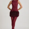 Florrie Satin Floral Appliqué Open-Back Mini Dress in Wine Red
