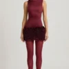 Florrie Satin Floral Appliqué Open-Back Mini Dress in Wine Red