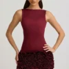 Florrie Satin Floral Appliqué Open-Back Mini Dress in Wine Red