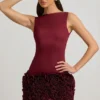 Florrie Satin Floral Appliqué Open-Back Mini Dress in Wine Red