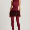 Florrie Satin Floral Appliqué Open-Back Mini Dress in Wine Red