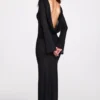 Frances Sheer Jersey Long-Sleeve Backless Maxi Dress in Black