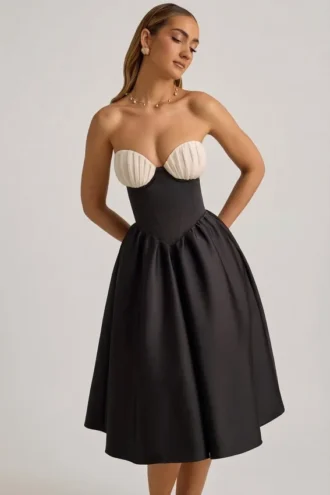 Gabrielle Strapless Corset Midi Dress in Black