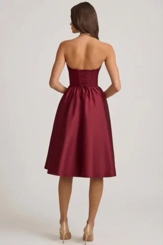 Gabrielle Strapless Corset Midi Dress in Wine Red